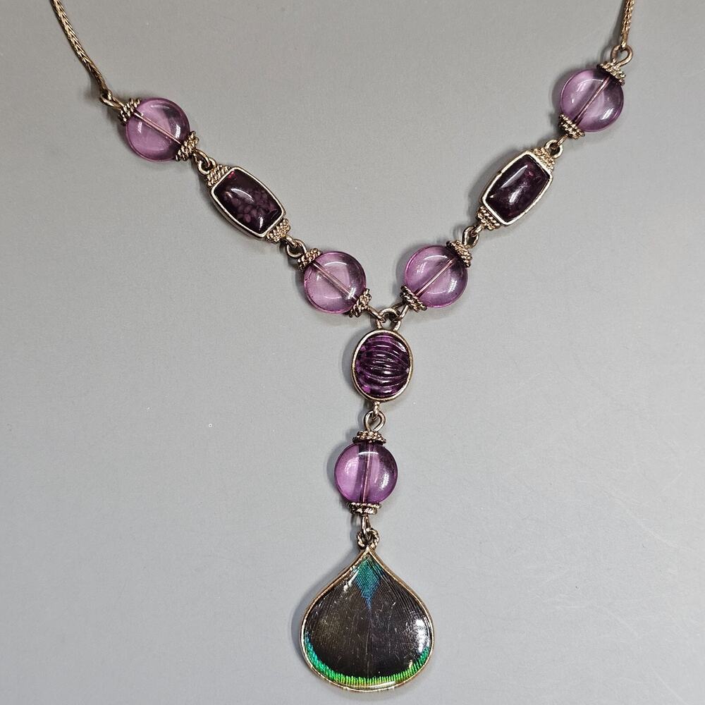 Liz Claiborne Purple Green Y Drop Station Necklace Crystal Teardrop Goldtone